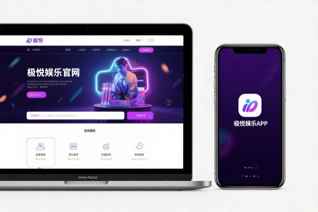 一台笔记本电脑屏幕上显示着众腾娱乐官网的界面，旁边是一部手机显示着众腾娱乐APP，两者并列对比